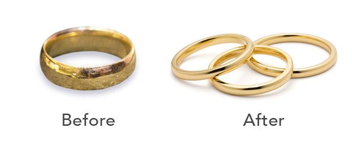 The question of what to do with your parents' wedding bands after death is a difficult one. Here, we transformed a father's gold wedding band into three identical new rings.
